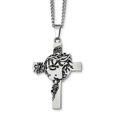 Jesus Face Cross Necklace Stainless Steel Antiqued and Polished SRN2364-24 by Chisel, MPN: SRN2364-…