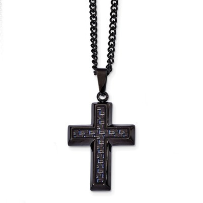 Black IP with Blue Carbon Fiber Inlay Cross Necklace Stainless Steel Polished SRN2361-24 by Chisel,…