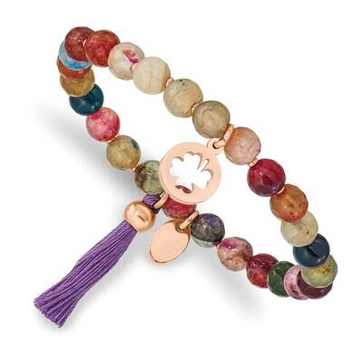 Rose Ip Clover Multi Color Agate Stretch Bracelet Stainless Steel Polished SRB2357, MPN: SRB2357, 1…