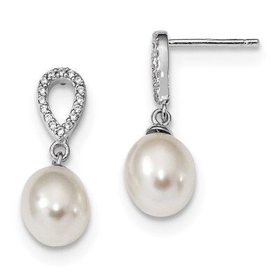 8-9mm Rice Cultured Freshwater Pearl CZ Diamond Post Dangle Earrings Sterling Silver Rhodium-plated…