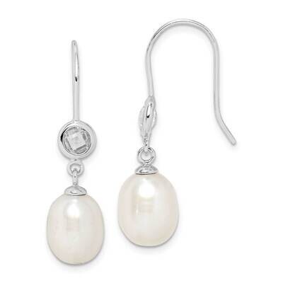 7-8mm White Rice Freshwater Cultured Pearl CZ Diamond Earrings Sterling Silver Rhodium Plated QE152…