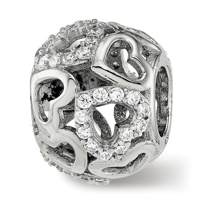 Polished CZ Hearts Bead Sterling Silver QRS3730, MPN: QRS3730, 191101789076