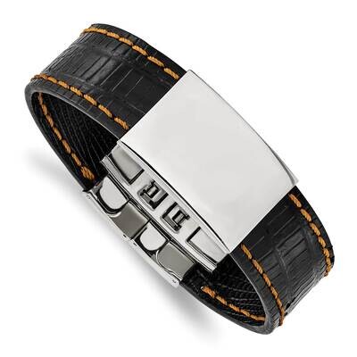 Black Leather/Orange Stitch 8.5 Inch Id Bracelet 8.5 Inch Stainless Steel Polished SRB1221-8.5 by C…