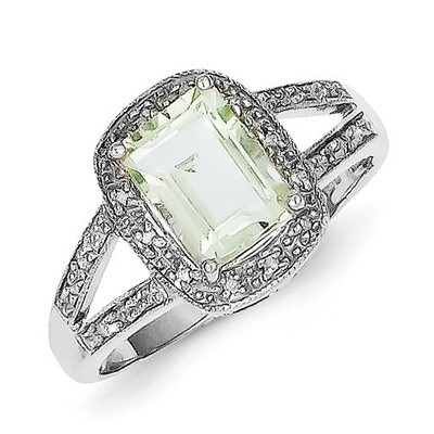Emerald-cut G. Quartz &amp; Diamond Ring Sterling Silver Rhodium QR2795, MPN: QR2795, 883957402727