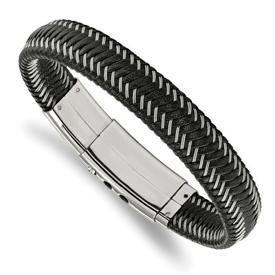 Black Leather with Wire Adjust 8 Inch to 8.5 Inch Bracelet Stainless Steel Polished SRB1930 by Chis…