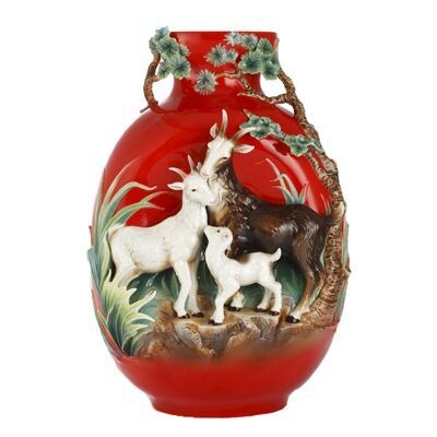 Franz Porcelain Three Goats Design Sculptured Porcelain Large Vase With Wooden Base FZ02994, MPN: F…