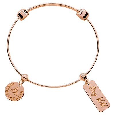 Nikki Lissoni Charm Bangle Rose Gold-Plated with Two Fixed Charms Inner Strength Stay Wild 17cm 6.7…