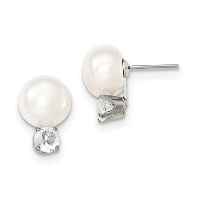10-11mm Freshwater Cultured Button Pearl with White Topaz Earrings Sterling Silver QE12801, MPN: QE…