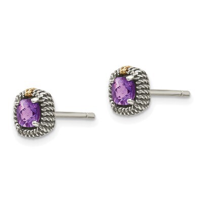 Square Cushion Amethyst Post Earrings Sterling Silver &amp; 14k Gold QTC1260, MPN: QTC1260, 191101466472
