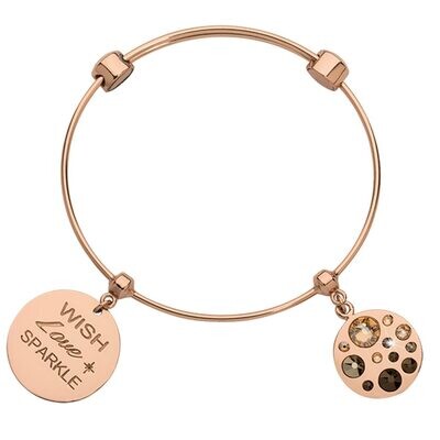 Nikki Lissoni Charm Bangle with Two Fixed Charms Wish Love Sparkle Sparkling Beauty In Peach Black …