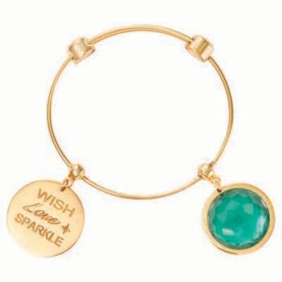 Nikki Lissoni Charm Bangle with Two Fixed Charms Wish. Love. Sparkle. Greenish Blue Optical Glass G…