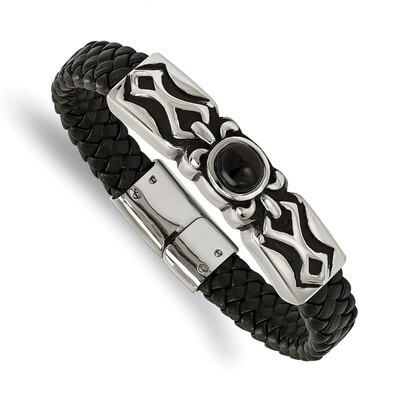 Polished with Black Onyx Leather Bracelet Antiqued Stainless Steel SRB1626-8.25 by Chisel, MPN: SRB…