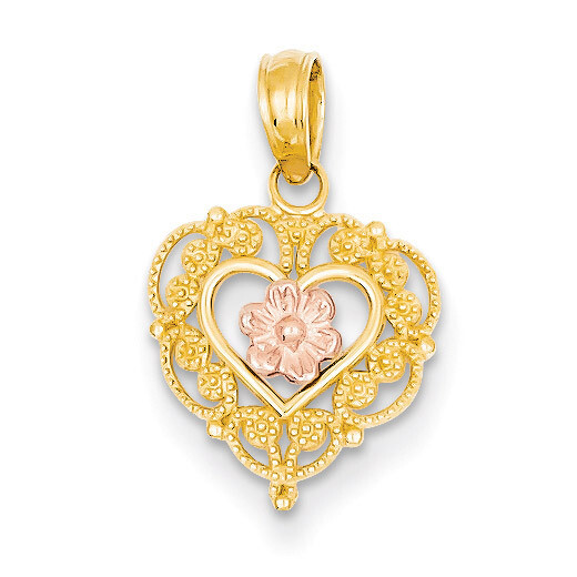 12mm 14K Two-Tone Gold Heart Pendant With Pink Flower – Dainty Necklace Charm For Women (Chain Not Included) - View #9