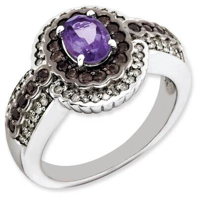 Amethyst and Smoky Quartz &amp; Diamond Ring Sterling Silver Rhodium-plated QR3158AM-7, MPN: QR3158AM-7…
