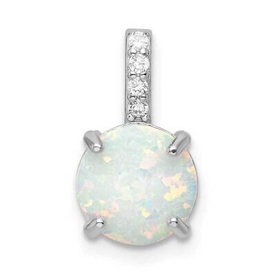 Round White Created Opal &amp; CZ Diamond Pendant Sterling Silver Rhodium-Plated QP5661, MPN: QP5661,