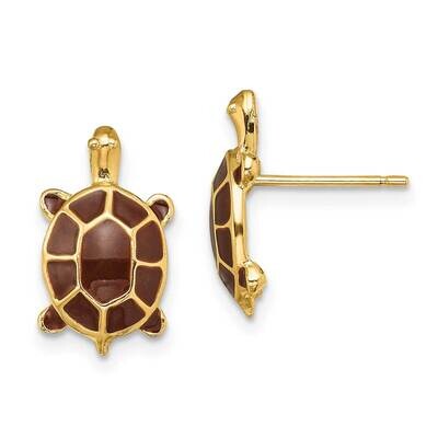 Brown Enamel Sea Turtle Post Earrings 14k Gold TE686, MPN: TE686, 637218118021