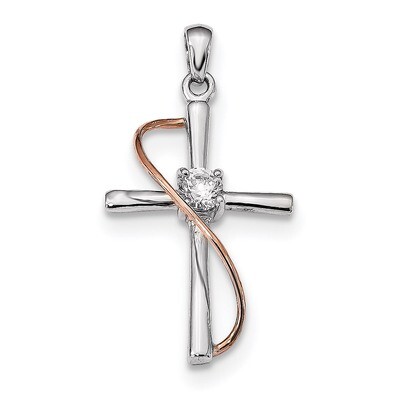 Rose-tone Polished CZ Diamond Cross Pendant Sterling Silver Rhodium QC9088, MPN: QC9088, 8839579669…