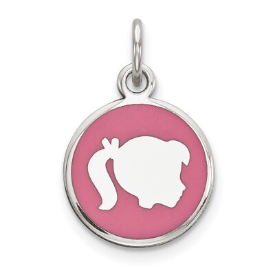 Pink Enamel Right Facing Girl Head Disc Charm Sterling Silver Rhodium-plated Engravable QM527, MPN:…