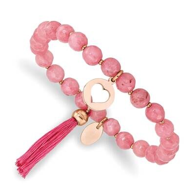 Rose Ip Heart with Tassel Pink Jade Beaded Bracelet Stainless Steel Polished SRB2353, MPN: SRB2353,…