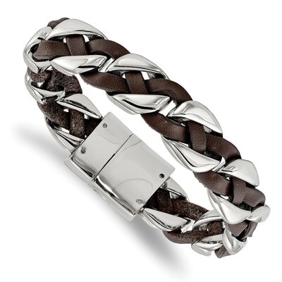 Brown Leather Braided 8.5 Inch Bracelet Stainless Steel Polished SRB1898-8.5 by Chisel, MPN: SRB189…