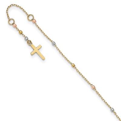 Diamond Cut Beaded Cross with 1 Inch Extenderbracelet 14K Tri Colored Gold FB1456-7, MPN: FB1456-7,…