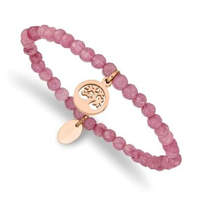 Rose Ip Tree Pink Jade Beaded Stretch Bracelet Stainless Steel Polished SRB2370, MPN: SRB2370, 1911…