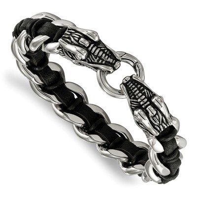Black Leather Antiqued Dragon Head Bracelet Stainless Steel Polished SRB2044-8.5 by Chisel, MPN: SR…