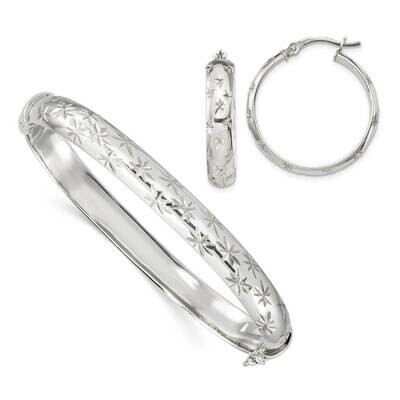Bangle 7.5mm &amp; Hoop 5mm Earring Set Sterling Silver Diamond Cut QB1330SET, MPN: QB1330SET, 88677406…