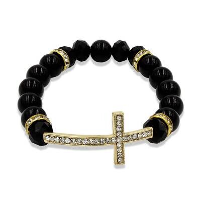 Gold-tone Black Simulated Pearl Crystal Cross Bracelet GM19746, MPN: GM19746, 827225580472