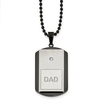 Black IP-plated with Diamond CZ DAD Dog Tag Necklace Stainless Steel Brushed and Polished SRN2346-2…