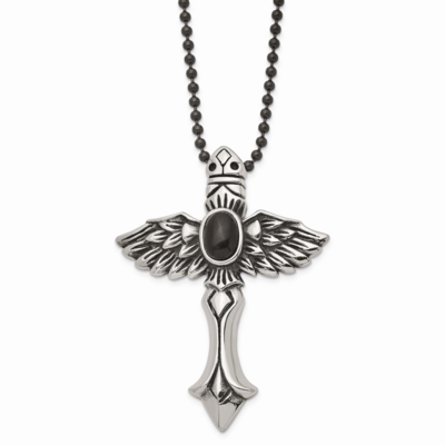 Cross Wings &amp; Black Stone 24 Inch Necklace Stainless Steel Antiqued SRN1058-24 by Chisel, MPN: SRN1…