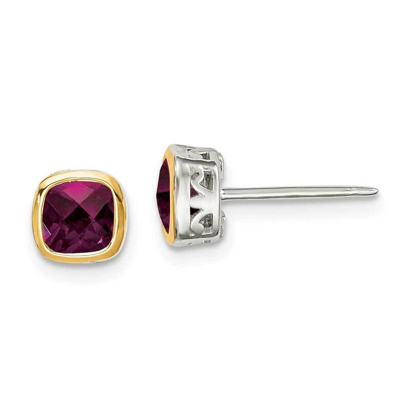 Rhodolite Garnet Square Stud Earrings Sterling Silver with 14k Gold Accent QTC1723