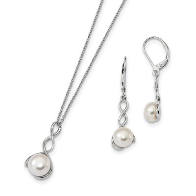 8-9mm White Cultured Freshwater Pearl Earring Necklace Set Sterling Silver Rhodium-plated QH5379SET…