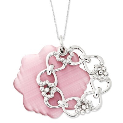 CZ &amp; Simulated Cat&#39;s Eye Love Never Fails 18 Inch Necklace Sterling Silver QSX484