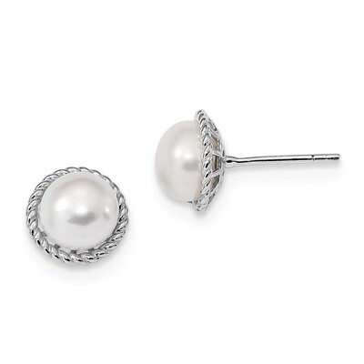 8-9mm White Button Cultured Freshwater Pearl Post Earrings Sterling Silver Rhodium-plated QE13872, …