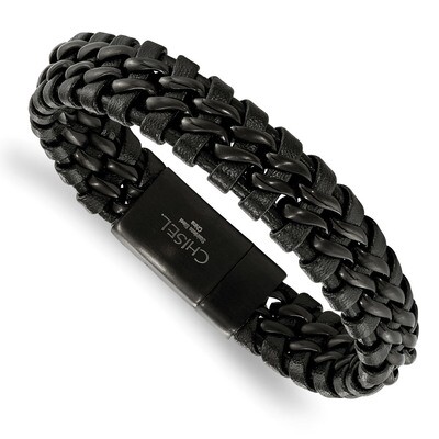 IP-plated Black Leather Bracelet Stainless Steel Brushed Black SRB2245-8.5 by Chisel, MPN: SRB2245-…