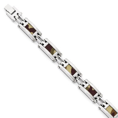 Stianless Steel Polished with Brown Camo Fabric Inlay 8.75 Inch. Link Bracelet SRB1782-8.75 by Chis…