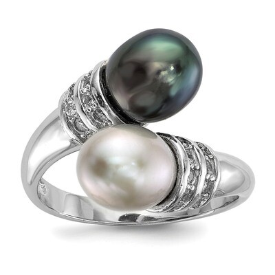 7-8mm Black Grey Rice Cultured Freshwater Pearl CZ Diamond Ring Sterling Silver Rhodium-plated QR65…