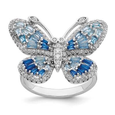 Blue &amp; White CZ Diamond Butterfly Ring Sterling Silver Rhodium-Plated Polished QR7203, MPN: QR7203,