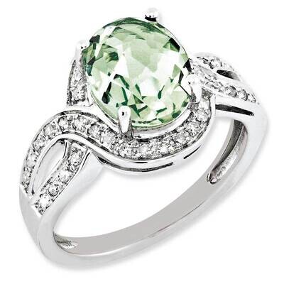 Diamond &amp; Oval Checker-Cut Green Quartz Ring Sterling Silver Rhodium-plated QR3036AG-7, MPN: QR3036…