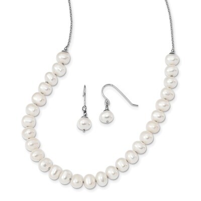 7-8mm White Cultured Freshwater Pearl Earring Necklace Set Sterling Silver Rhodium-plated QH5369SET…