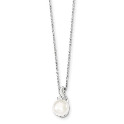 9-10mm White Cultured Freshwater Pearl CZ Diamond Chain Slide Necklace 17 Inch Sterling Silver Rhod…