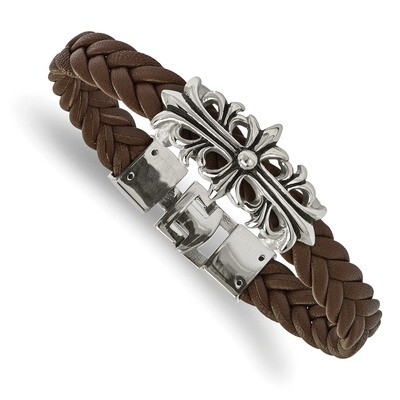 Brown Leather Filigree Bracelet Stainless Steel Polished Antiqued SRB2035-8.5 by Chisel, MPN: SRB20…
