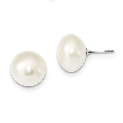 13-14mm White Button Cultured Freshwater Pearl Post Earrings Sterling Silver Rhodium-plated QE13093…