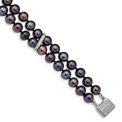 7-8mm Black Cultured Freshwater Pearl CZ Diamond 2-strand Bracelet 7.5 Inch Sterling Silver Rhodium…