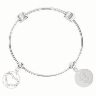 Nikki Lissoni Charm Bangle with Two Fixed Charms Made with Love Sparkling Heart Silver-Plated 19cm …