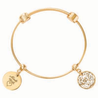 Nikki Lissoni Charm Bangle with Two Fixed Charms Made with Love Sparkling Flower Gold-Plated 19cm 7…
