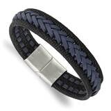 Black/Blue Braided Leather 8.25 Inch Bracelet Stainless Steel Polished SRB3039-8.25, MPN: SRB3039-8…