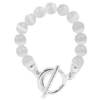 Nikki Lissoni Bracelet with Round White Cats Eye Beads of 10mm Silver-Plated T-Bar Closure 17cm 6.7…