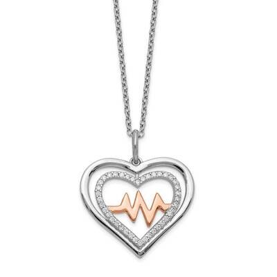 Rose-tone &amp; CZ Diamond Heartbeat with 2 inch Extender Neckl Sterling Silver Rhodium-plated QG5260-1…
